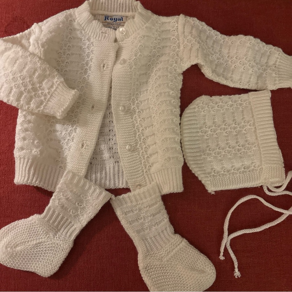 Vintage Baby Christening Set Ivory Knit Bonnet Sweater  Heirloom Layette 1970s